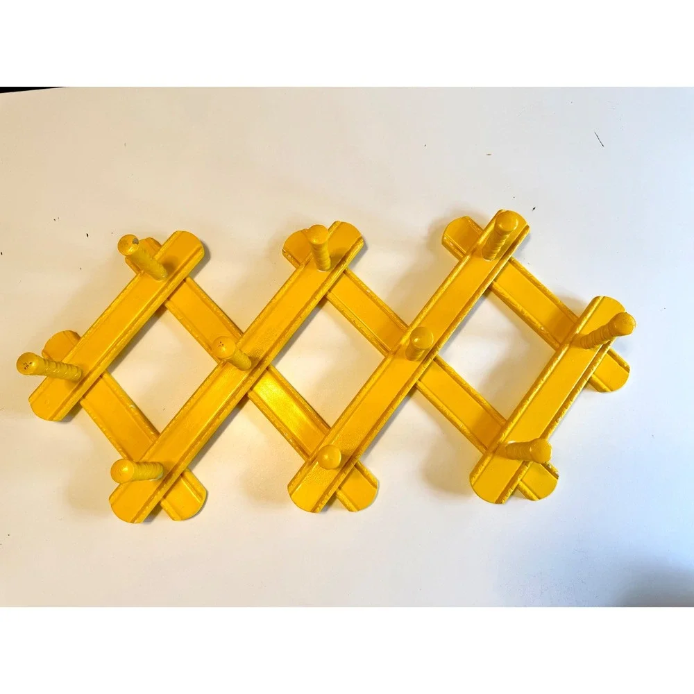 Vintage Yellow Accordion Wall Rack Expandable Wood 10 Peg Coat Hat Hangar